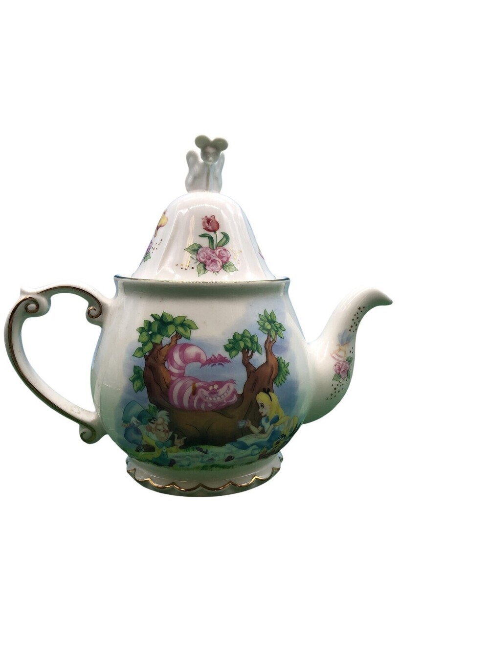 Disney Alice In Wonderland Teapot Cheshire Cat Alice Mad Hatter White Porcelain